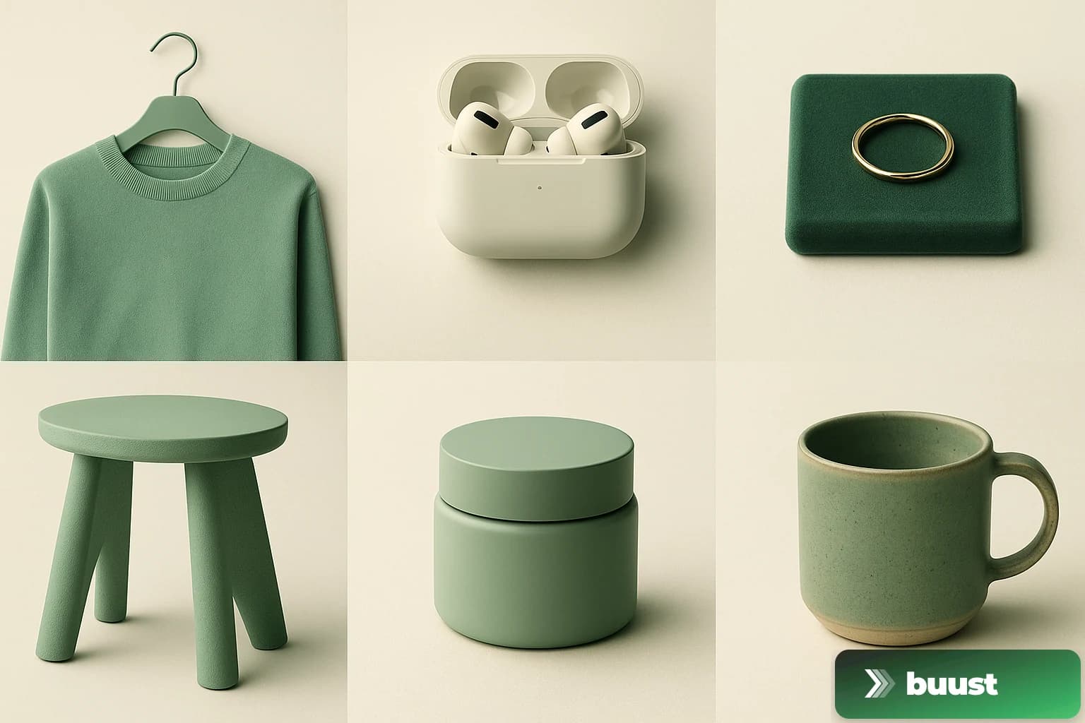 Sechs Produktarten in einheitlicher Buust-Palette als Collage: Mode, Tech, Schmuck, Möbel, Kosmetik und Handgemachtes