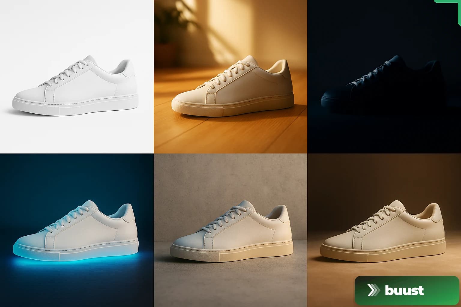 The same sneaker in six different template moods: minimal, lifestyle, cinematic, futuristic, urban, and editorial — showing the same product idea in different brand languages