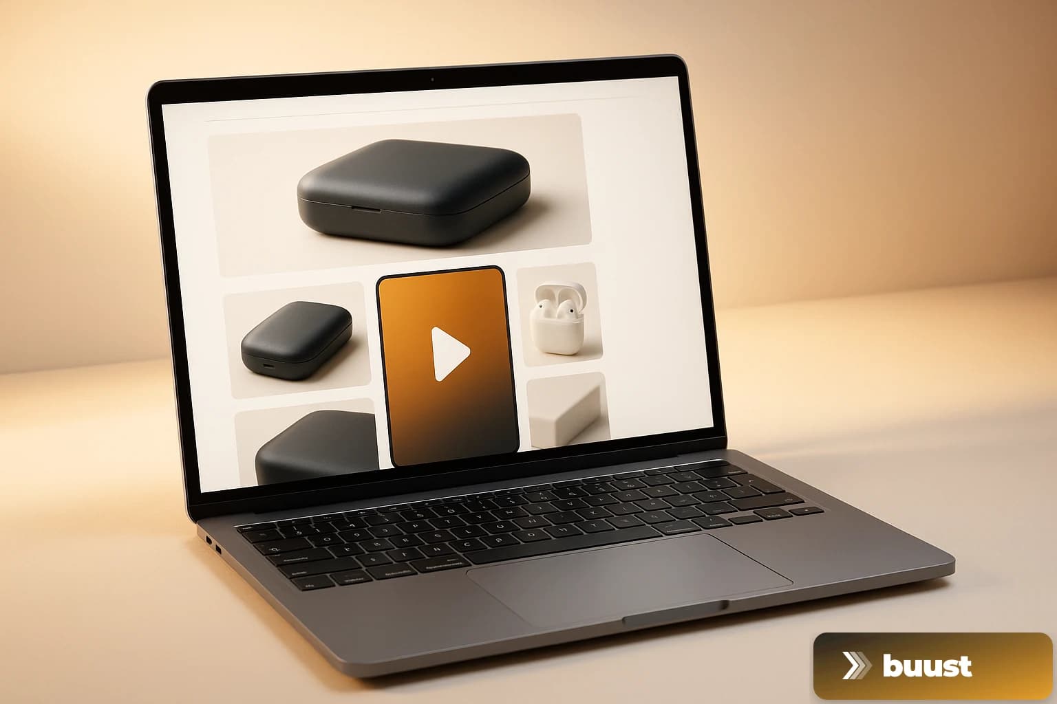 Amazon-style A+ content layout with a multi-image gallery and a prominently placed product-video slot in the middle