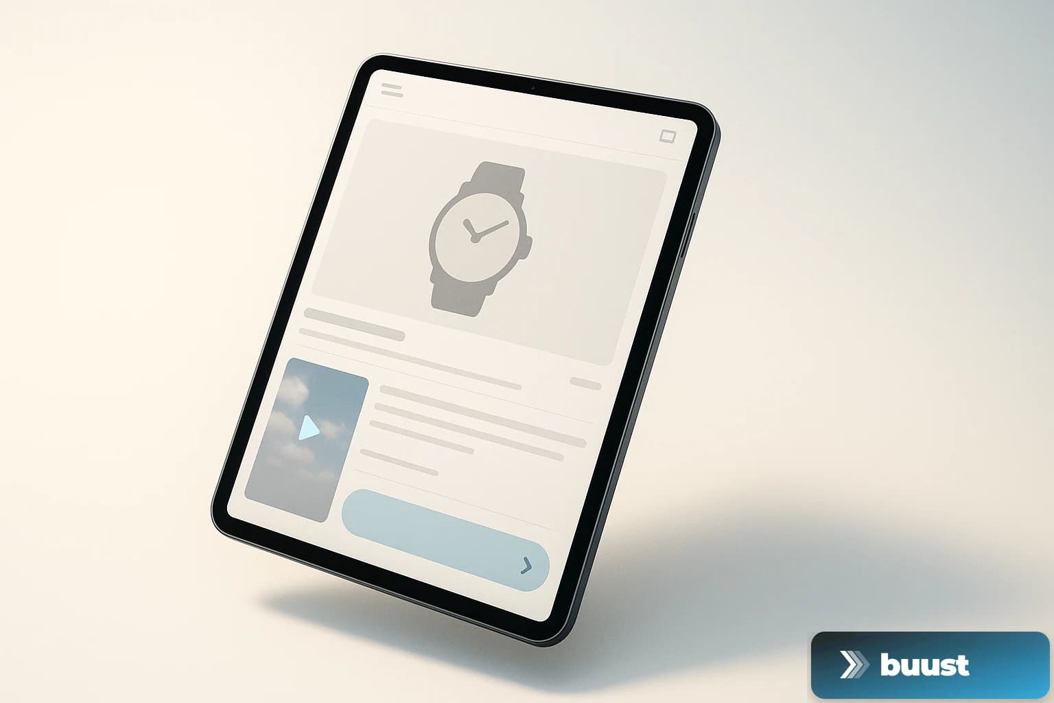 Classic eBay listing mockup on a tablet with a prominent Buy It Now button and an embedded product video frame