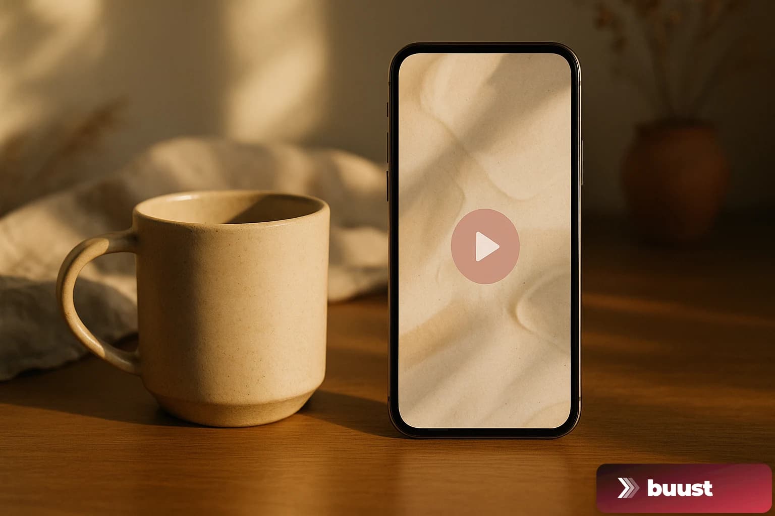 Handmade ceramic product on a warm wooden surface with an embedded product video frame capturing Etsy's artisan vibe