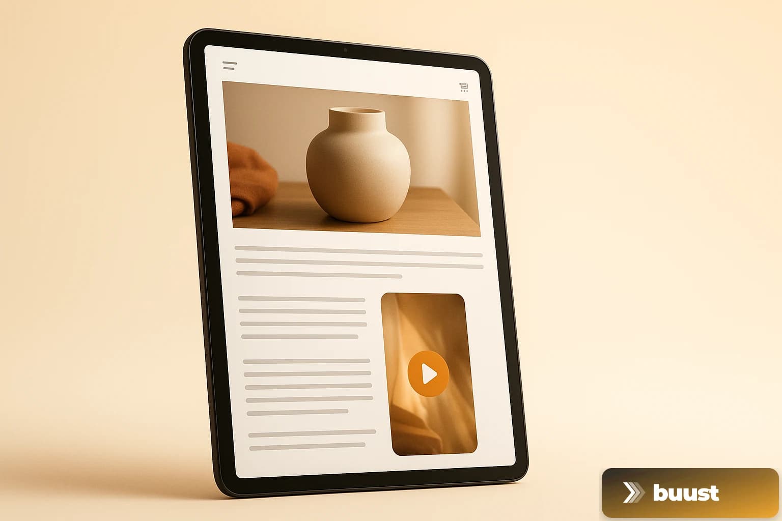 OTTO-Artikelseite auf einem Tablet mit einem in die Produktbeschreibung eingebetteten Produktvideo-Frame