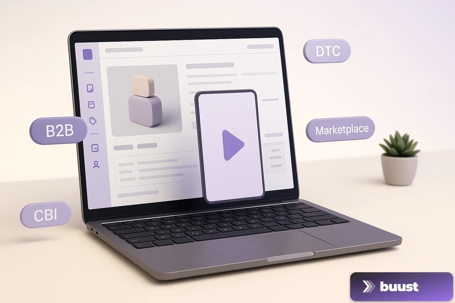B2B Shopware dashboard mockup with multi-channel hints and a product video frame conveying premium DACH commerce