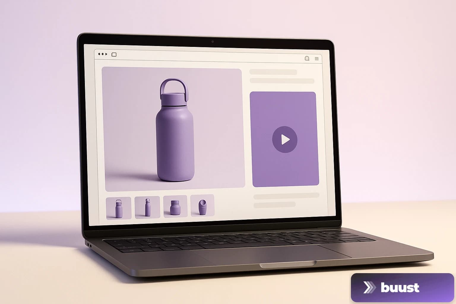 WooCommerce-Produktseite auf einem Laptop mit einem eingebetteten Produktvideo-Frame neben der Bildergalerie