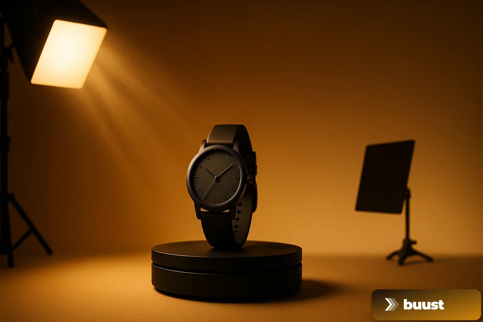 Premium Produkt auf einem Drehteller in einem professionellen Studio-Setup mit subtil angedeutetem Lighting-Kit und Reflektor im Hintergrund