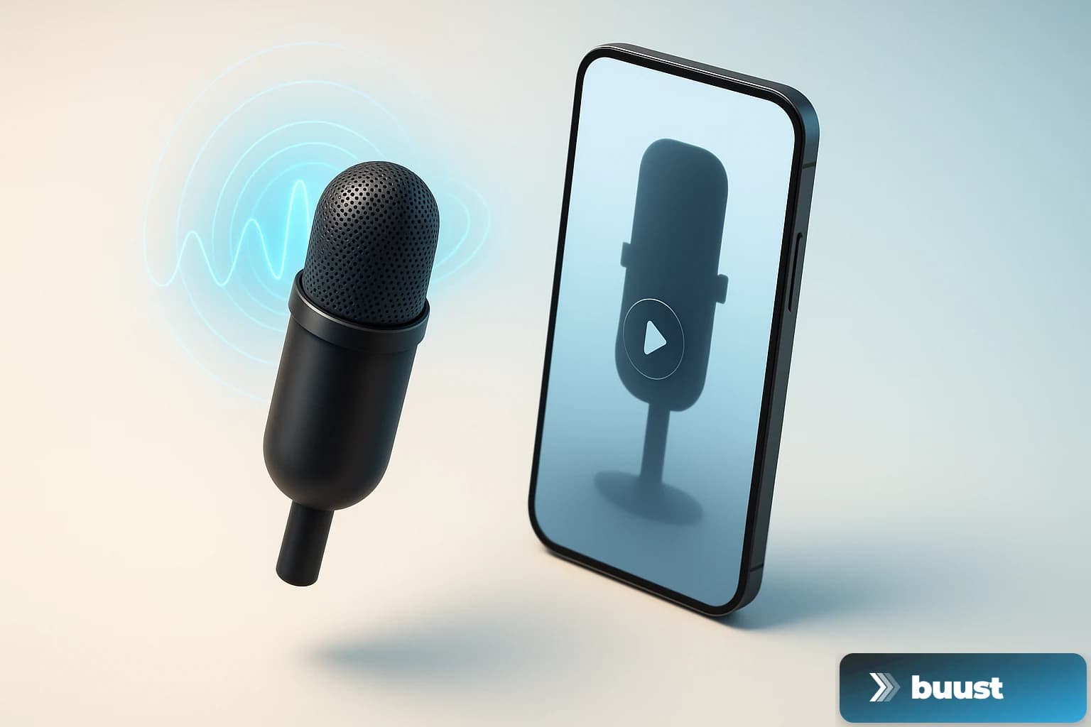 Modernes Mikrofon mit pulsierender Soundwave-Visualisierung neben einem vertikalen Smartphone, das ein Produktvideo mit deutscher KI-Stimme abspielt