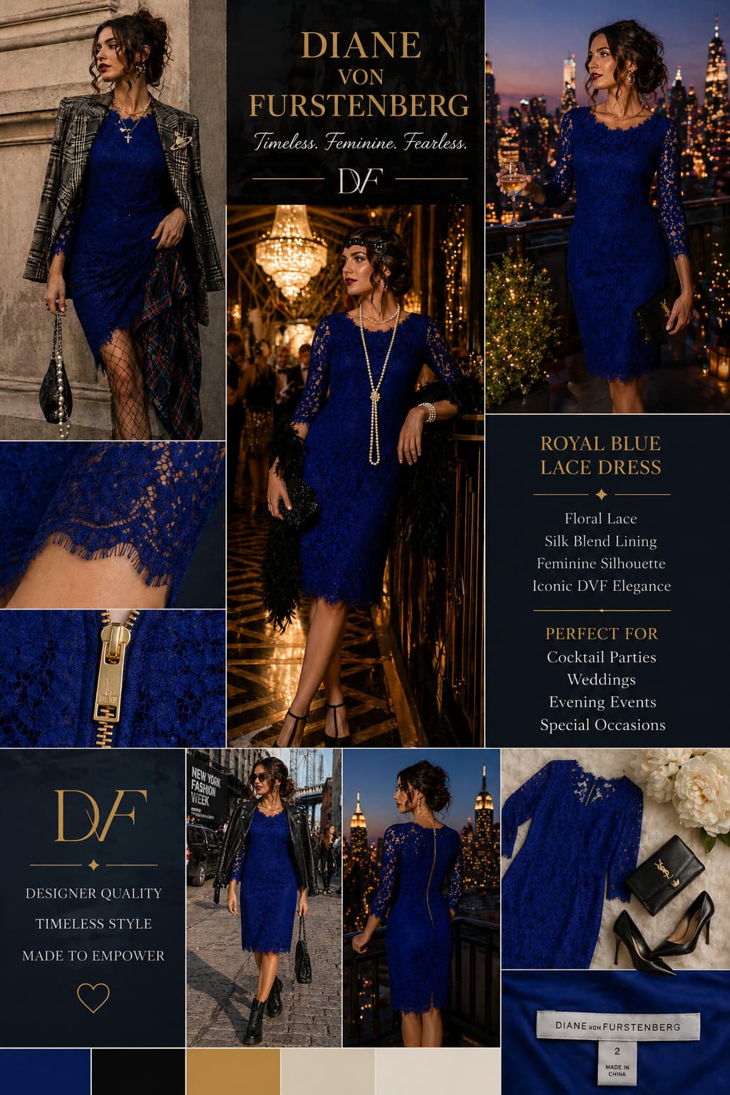 DVF Diane von Furstenberg Spitzenkleid Royalblau Seide Cocktail 34 36 38