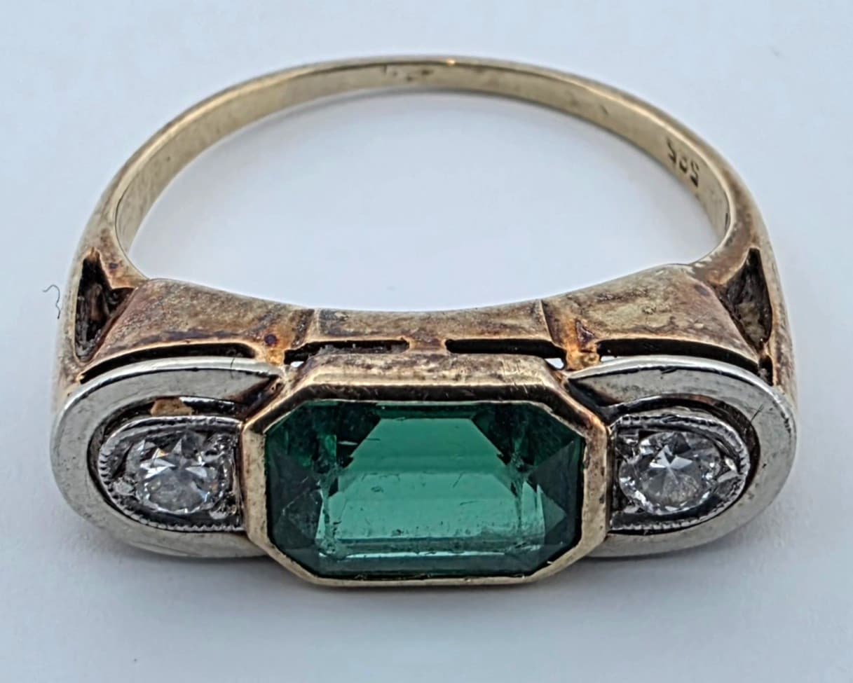 Goldring 1 Smaragd + 2 Diamanten 585er Gold 14 Karat - 3,2 g - Größe 54 Vintage