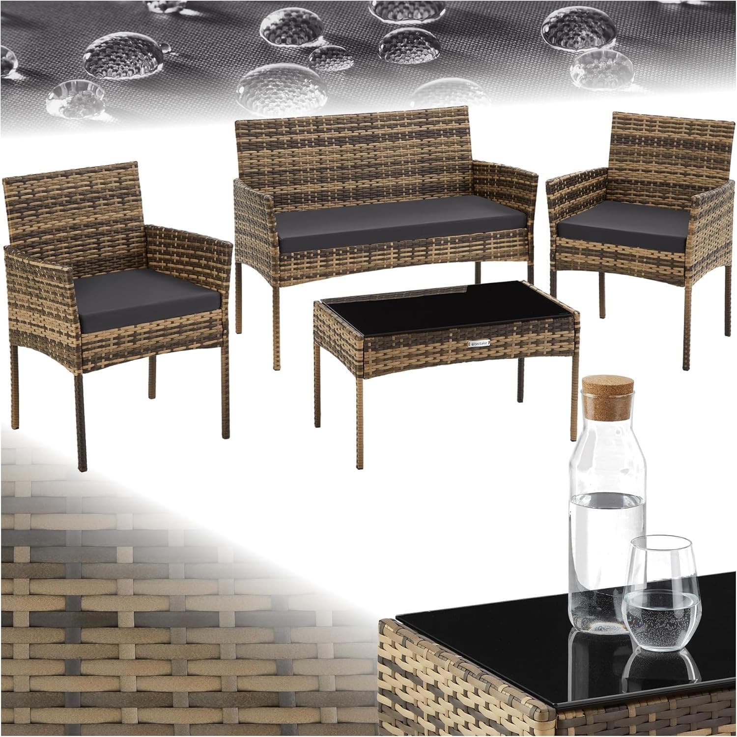 Tectake® Rattan Gartenmöbel Set, Outdoor Lounge Möbel,1X Gartenbank, 2X Stuhl, 1