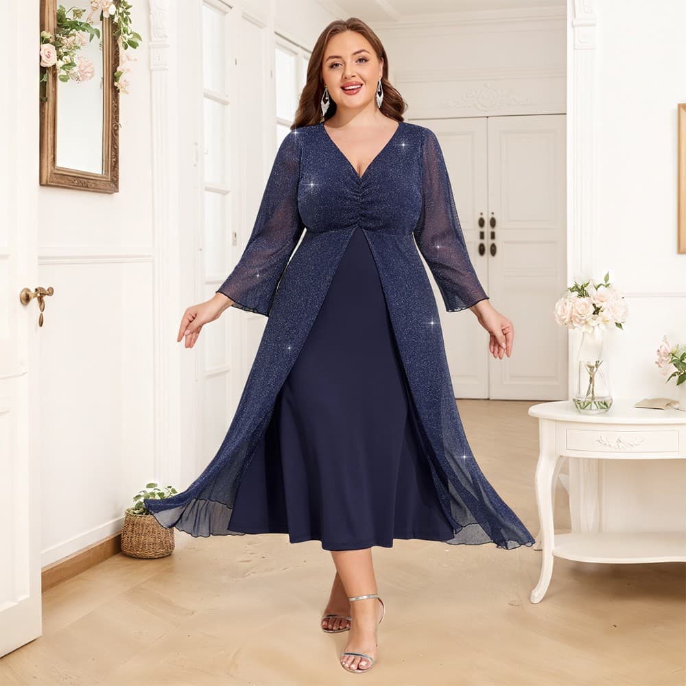 Übergröße Damen Elegant Abendkleid Maxikleid V-Ausschnitt Langarm Partykleid DE