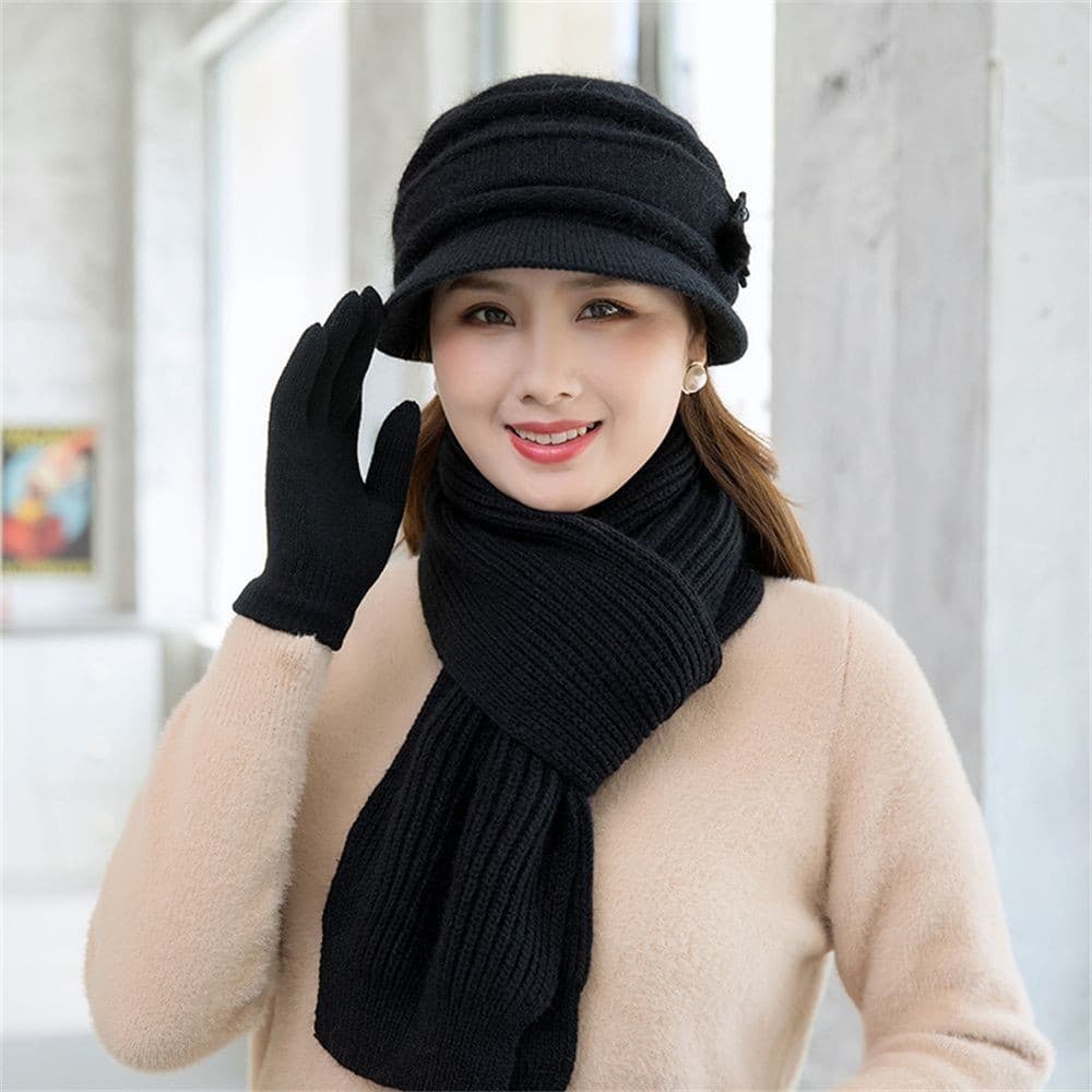 Damen Wintermützen Beanies Caps Strickmütze Schal Set Gestrickte Handschuhe