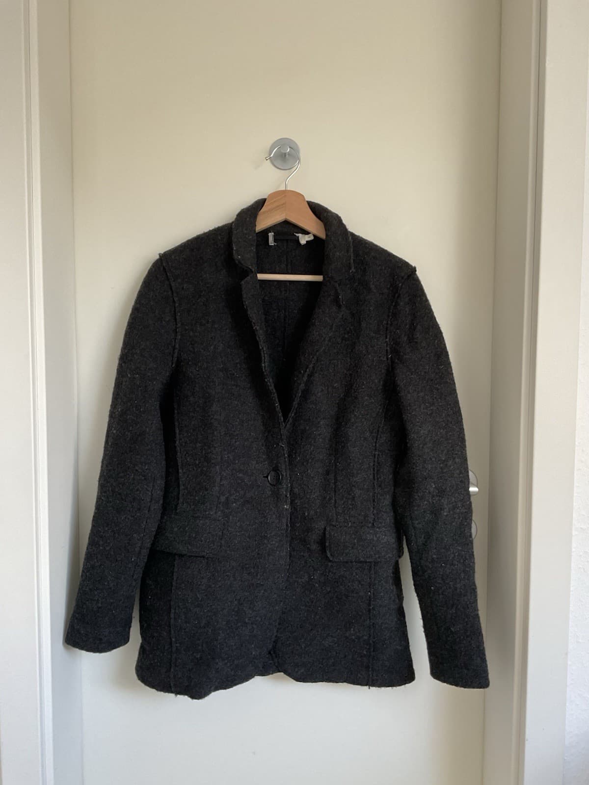 HESSNATUR Damen Wollwalk Blazer Mantel 36 Grau Dunkel 100% Schurwolle