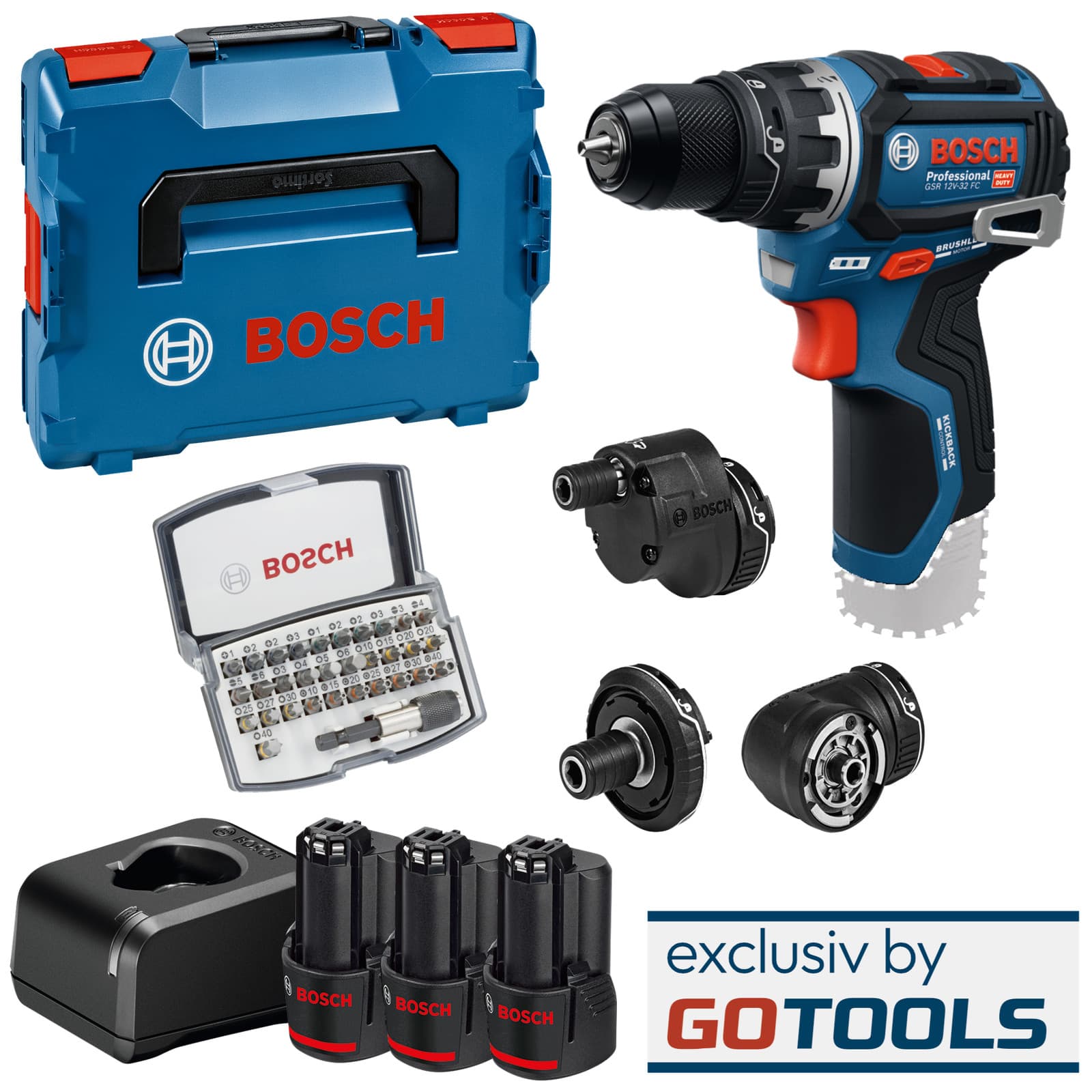 Bosch Akkuschrauber GSR 12V-32 FC + 3x 2,0 Ah + GAL 12V-20 + BIT-SET + L-BOXX