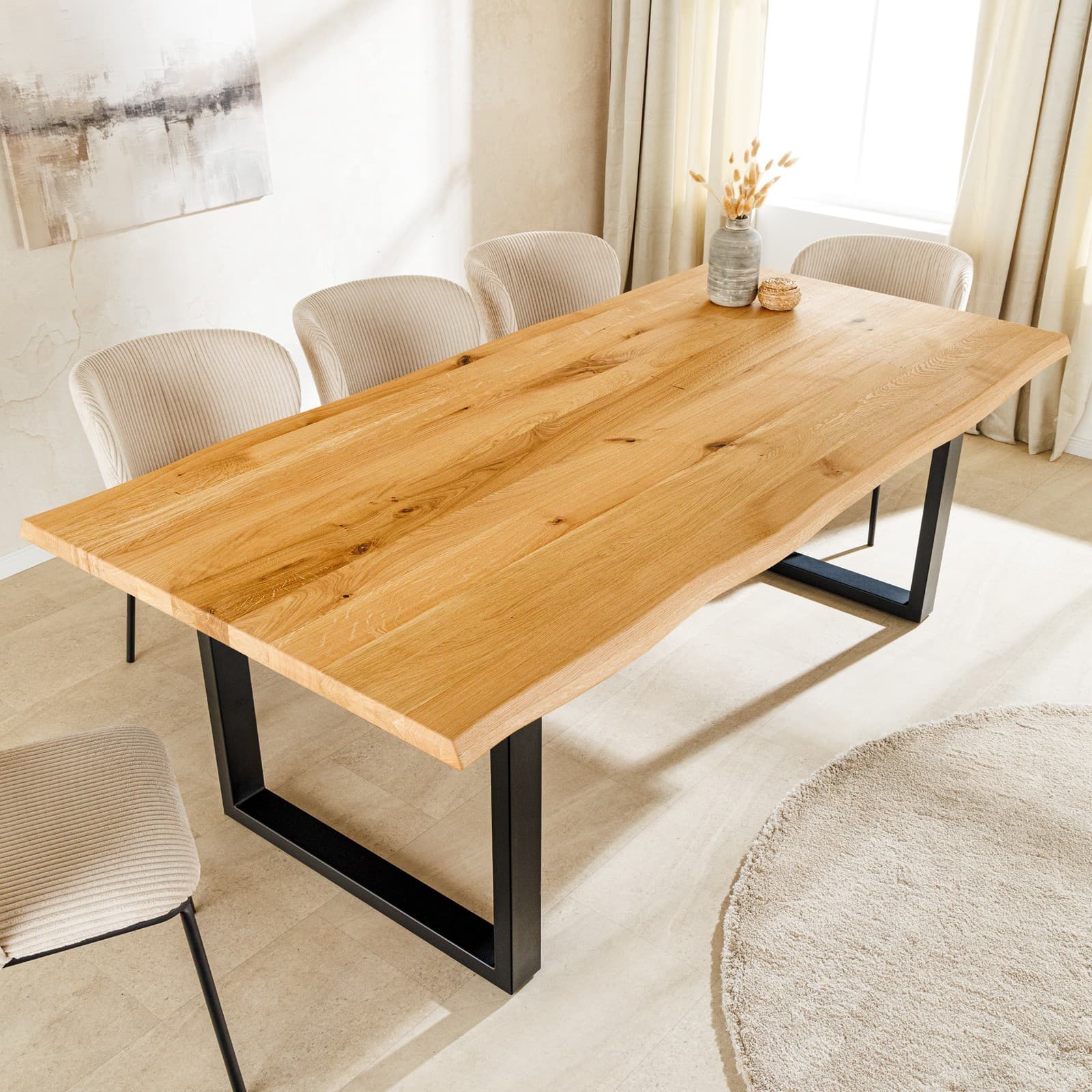 Esstisch WILD OAK - 160cm - FARBWAHL - Massivholz geölt - Baumkante U-Gestell